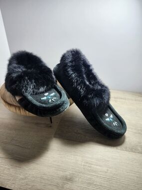 Plush Black Fur-Trim Slip-On Women's Moccasins